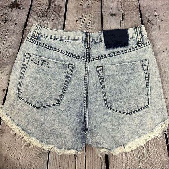 One Teaspoon Outlaws Denim Shorts Mid Length Low Waist Button Fly Rocky Acid 25 - Picture 3 of 16